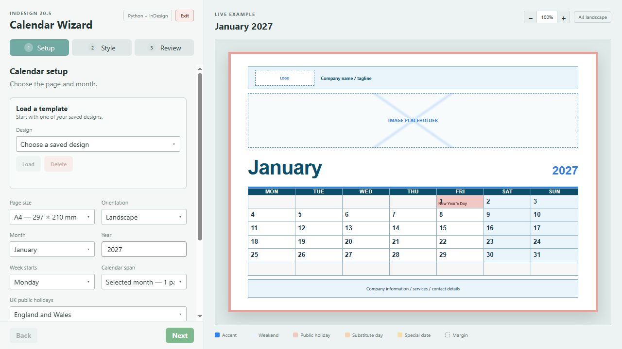 Classic Grid: January 2027 with complete calendar rules and space for branding and artwork.